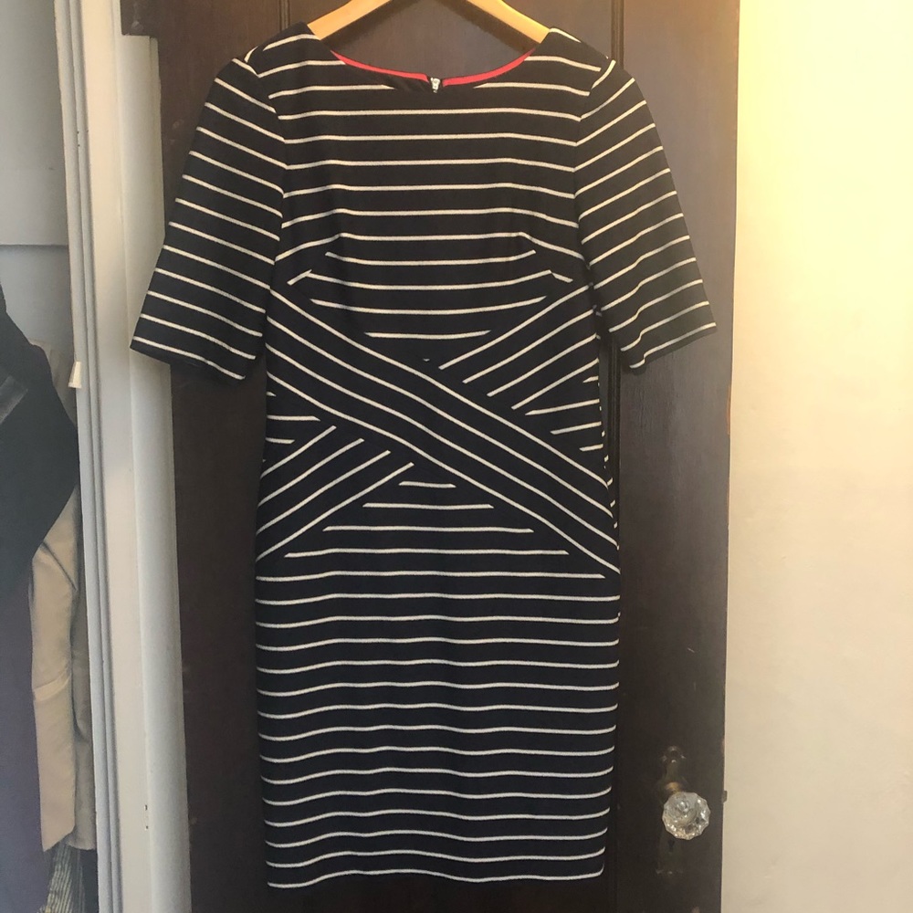 Navy/white striped sheath dress. Flattering waist.